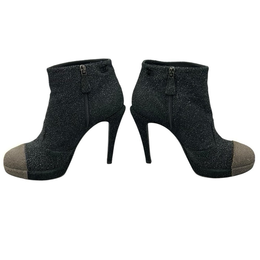 Chanel Glitter Suede CC Cap Toe Ankle Boots Black 40.5 Stiletto Heels - Picture 5 of 15